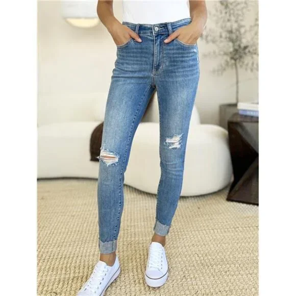 🔥 NWT Judy Blue Mid Rise Destroy & Cuff Skinny Jeans, Regular + Plus Sizes - Picture 1 of 9